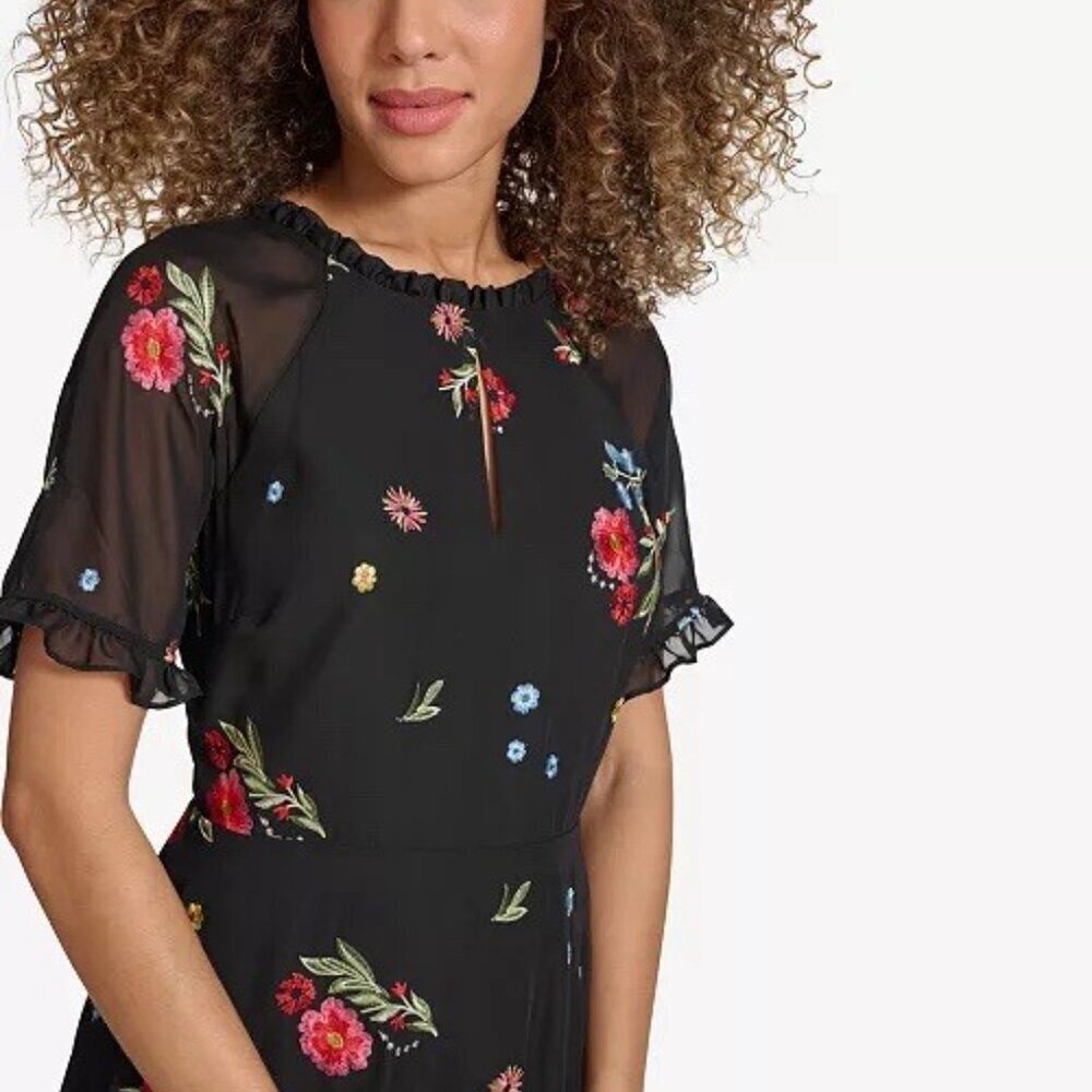 New Kensie Womens Size 2 Black Floral Embroidered Chiffon Back Cutout Dress - Picture 4 of 14